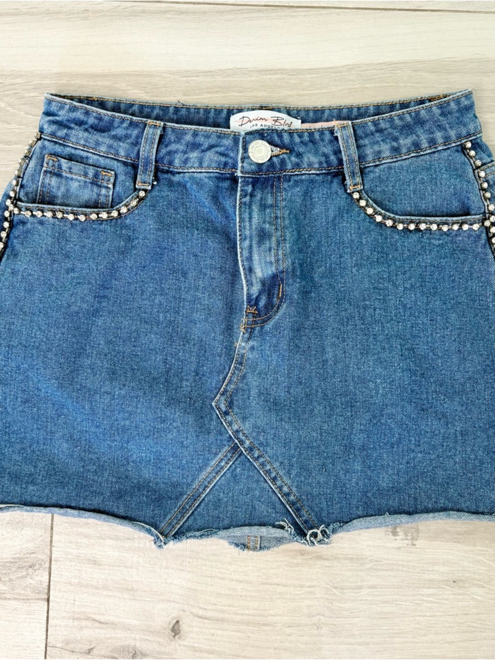 Denim Blue Rhinestone Mini Skirt